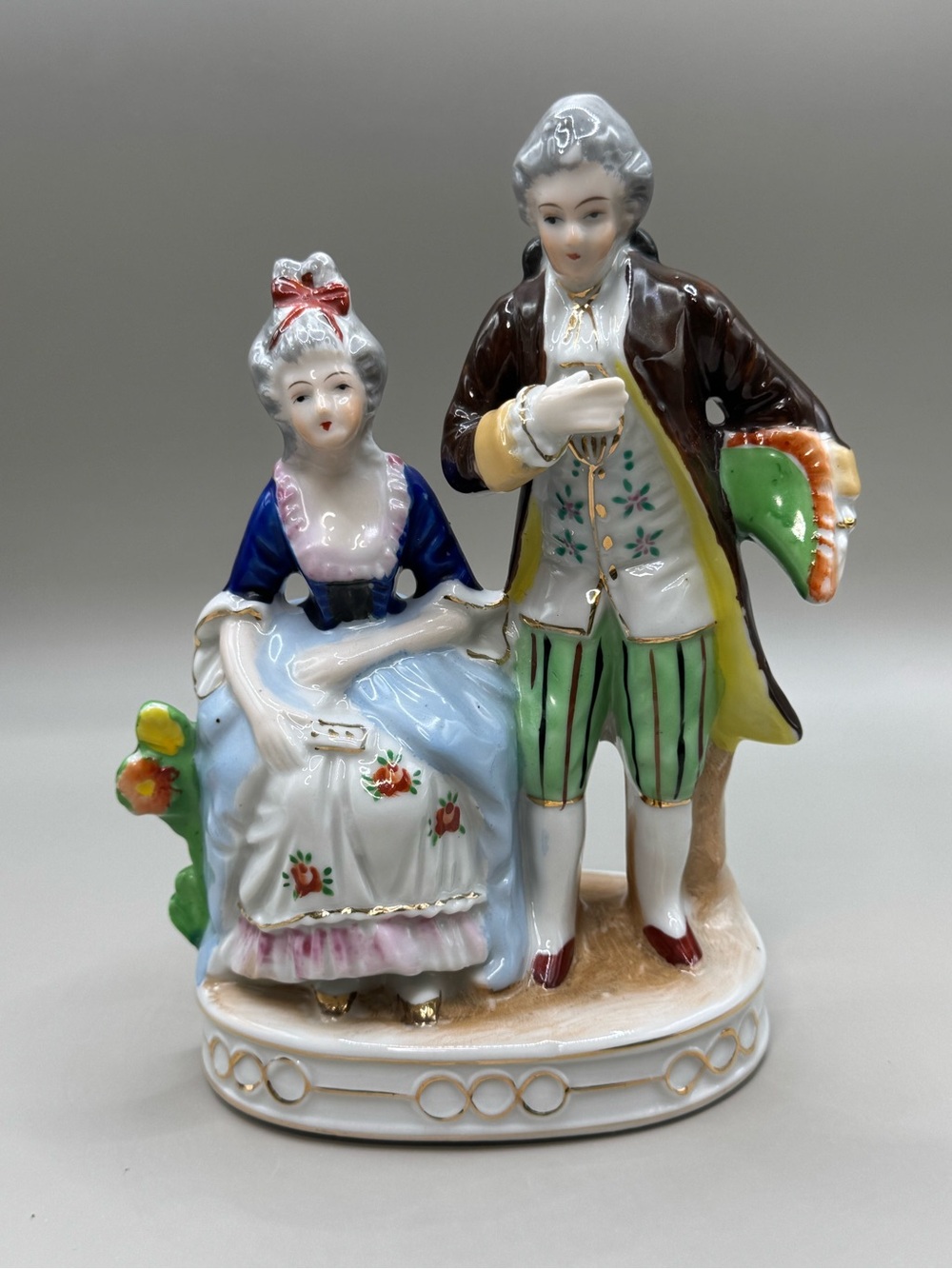 Hand-Painted Porcelain Rococo Couple Figurine in Multicolor